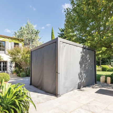 Pergola Bioclimatique EVORA 3,6×3,6m Graphite + 4 Stores – Hespéride